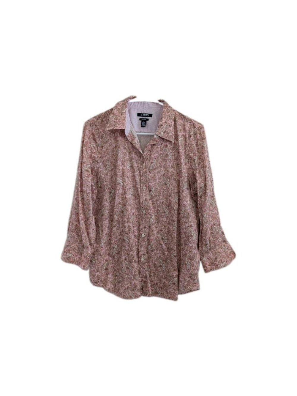 Chaps No iron Button Down Top Womens Large Pink Paisley Print 3/4 Sleeve
